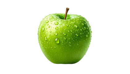 A vibrant, glossy green apple with water droplets, isolated on a black background