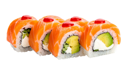 Close-up of sushi rolls with salmon, avocado, cream cheese, and a red garnish