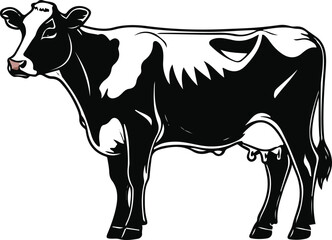 Standing dairy cow outline, smooth contour line, white background, simplified realistic anatomy, clean farm animal vector, commercial use friendly 2