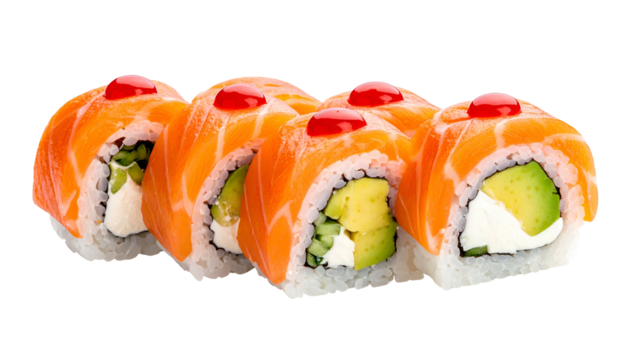 Close-up of sushi rolls with salmon, avocado, cream cheese, and a red garnish