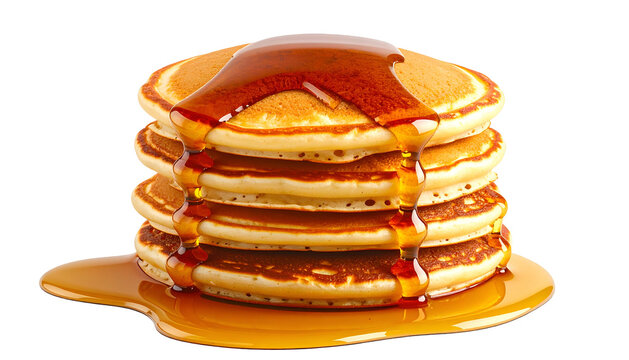 A stack of golden pancakes with syrup cascading down, isolated on a black background
