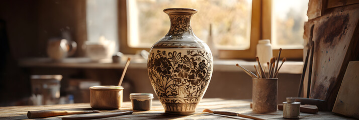 Exquisite Handcrafted Ceraic Vase Surrounded by Artit Tools in Sunlit Studio