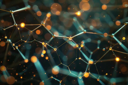 Golden plexus nodes and lines are forming a growing network on a dark teal background with bokeh