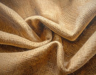 A close-up of coarse, woven, brown fabric draped in spiraling folds and curves