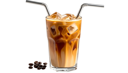 Refreshing iced coffee drink with metal straws and coffee beans on black background