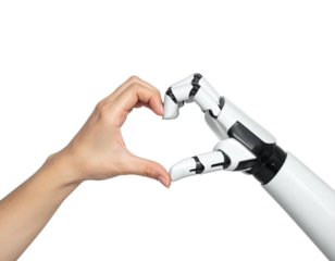 A human hand and a robotic hand forming a heart shape, set against a black backdrop