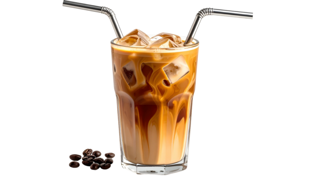 Refreshing iced coffee drink with metal straws and coffee beans on black background