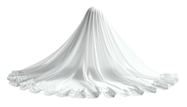 A draped, flowing white fabric on a black background, suggesting a ghost or spectral figure