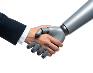 Close-up of human and robotic hands shaking, representing technology partnerships