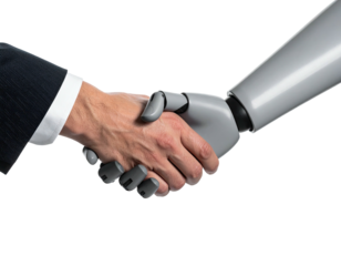 Human hand shaking metallic robot hand, symbolizing technology and collaboration on a black background