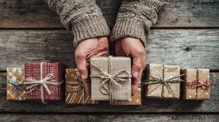 man holding christmas presents laid on a wooden table background no logos no brands ar 169