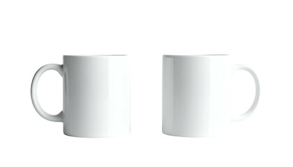 Two identical white ceramic mugs, one slightly rotated, against a stark black background