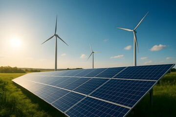 Clean Renewable Energy Landscape with Solar Panels and Wind Turbines under Bright Blue Sky at Sunset