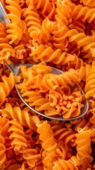 A close-up of dry orange spiral pasta being held in a silver spoon. Food photography