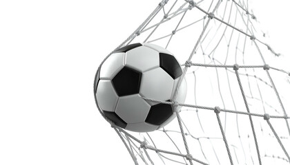 Soccer ball nestles perfectly in the net after a successful goal, isolated on black