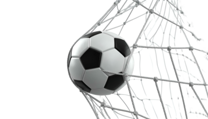 Soccer ball nestles perfectly in the net after a successful goal, isolated on black