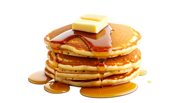 A stack of golden-brown breakfast cakes with melting butter and pouring syrup