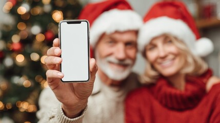 happy mature family couple in santa hats holding smartphone in hands using cell phone mockup white blank screen for ads on christmas tree background advertising mobile applications over shoulder view