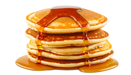 Stack of fluffy pancakes with cascading syrup against a transparent background