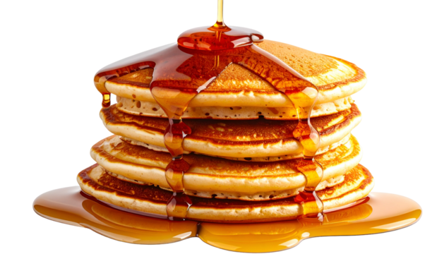 Stacked golden pancakes being drizzled with amber syrup, forming a delicious breakfast treat