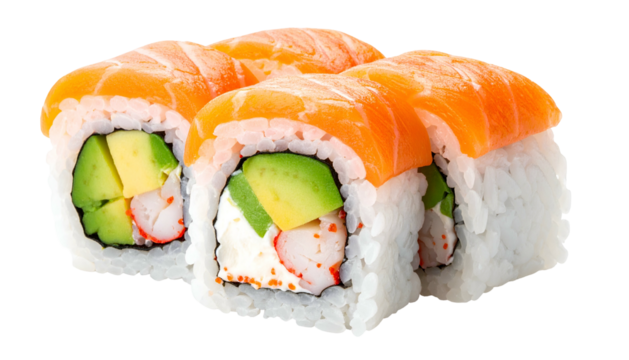 Close-up of sushi rolls with salmon topping, avocado, crab, and cream cheese filling