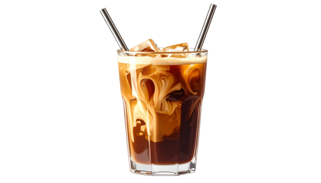 A refreshing, layered iced coffee drink with cream, ice cubes, and metal straws