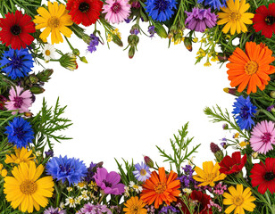 Obraz premium Colorful array of diverse wildflowers create a vibrant, natural border on a dark backdrop