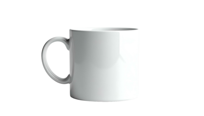 A plain white ceramic mug, slightly glossy, isolated against a black background