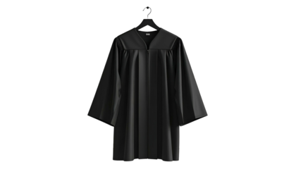 A black academic robe hangs on a black hanger, set against a dark background