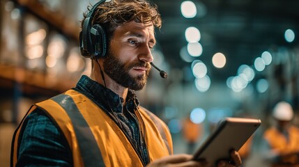 Operations Manager Overseeing Warehouse Team Coordination Industrial Environment Digital Monitoring Focused Viewpoint Efficiency Strategies for Optimal Performance