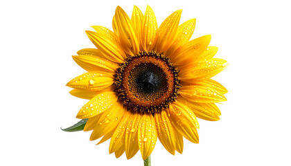 Fototapeta premium Vivid close-up of a sunflower with water droplets against a black backdrop, top view