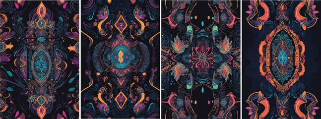 Seamless abstract batik vector, combining traditional Indonesian patterns with modern digital elements, glowing lines and neon outlines on dark background