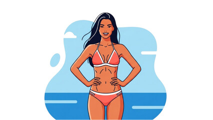 Attractive Woman in Bikini with Blue Ocean and Clouds Illustration