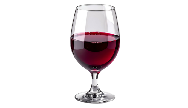 A full glass of red wine, viewed from the front, against a black background