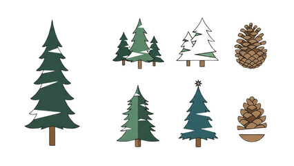 Collection of stylized evergreen trees and natural pine cones, perfect for winter holiday graphic design and festive decor projects