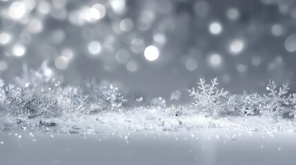 winter wonderland scene with snowflakes glitter and bokeh lights against a soft gray backdrop