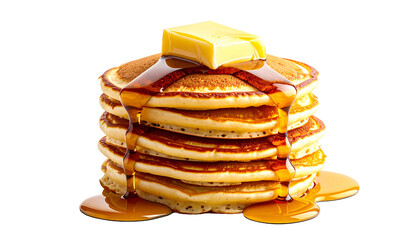 A stack of fluffy golden pancakes drenched in syrup with a square of butter on top