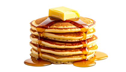 A stack of fluffy golden pancakes drenched in syrup with a square of butter on top