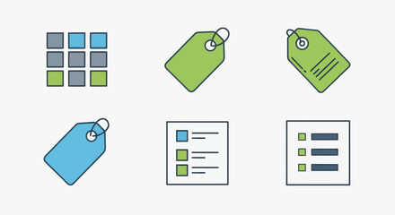 Flat Design E-commerce Icons Set with Price Tags Grid and Checklists.