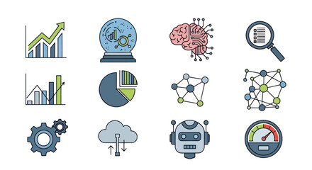 Collection of Digital Icons Representing Data Analysis Technology and Innovation.