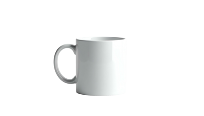 A pristine white ceramic mug with a curved handle, centered against a stark black background