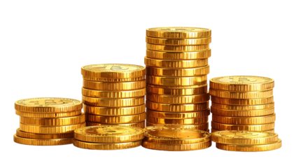 Gold coin stacks, each with a Bitcoin symbol, arranged in increasing height on black