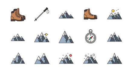 Collection of Hiking and Mountain Adventure Icons.