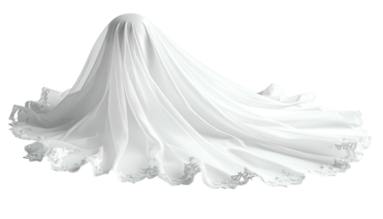 Flowing white fabric drapes a rounded form, appearing like a bridal gown on a dark background
