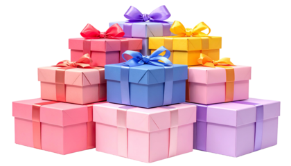 Stacked, colorful gift boxes with ribbons atop, against a transparent background