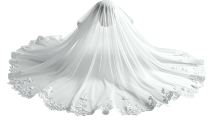 Elegant, flowing white wedding gown and veil, gracefully spread out
