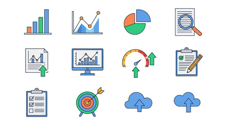 Colorful Business and Financial Data Icons Set.