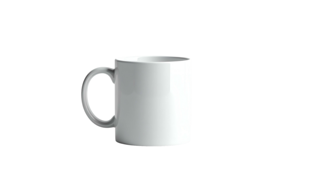 A pristine white ceramic mug with a curved handle, centered against a stark black background