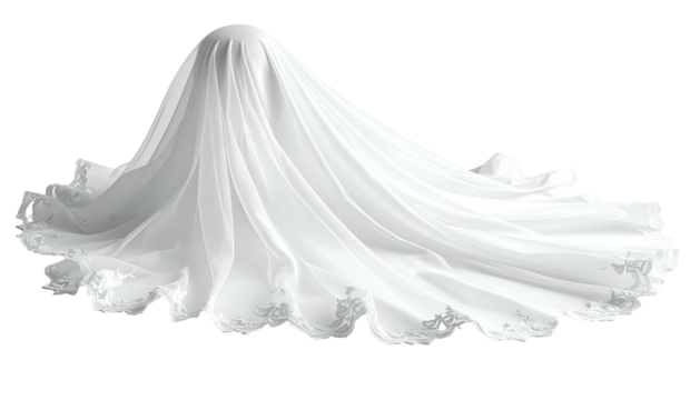 Flowing white fabric drapes a rounded form, appearing like a bridal gown on a dark background