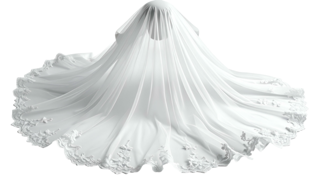 Elegant, flowing white wedding gown and veil, gracefully spread out